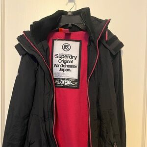 Superdry black and pink windbreaker jacket with faux fur hood